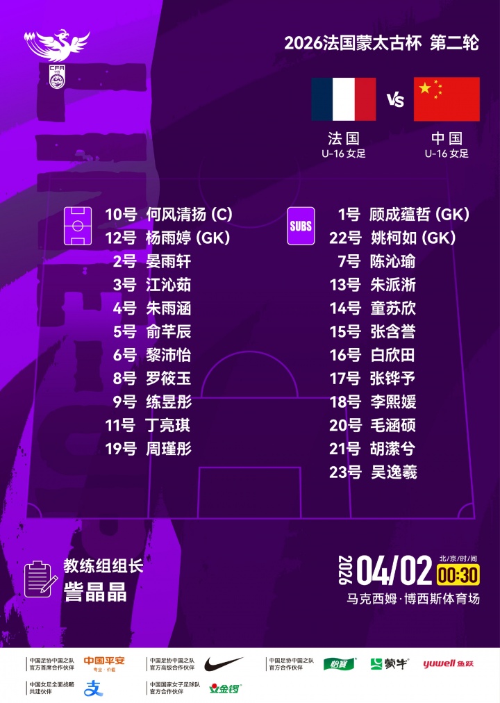开云线上入口-中国U-16女足对阵法国U-16女足，中国队首发名单出炉！